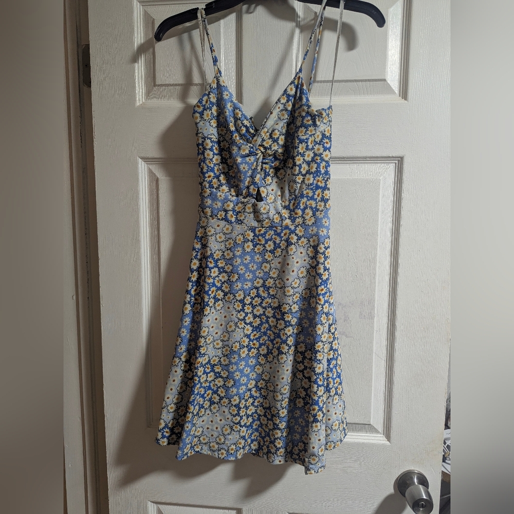 Papaya Daisy Print Mini Dress in Blue and Cream
